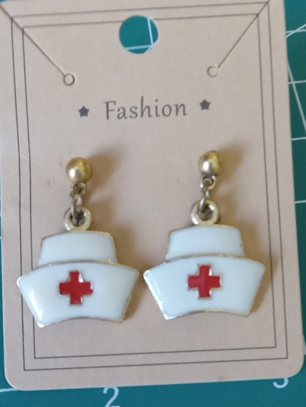 Enameled Nurse Hat Dangle Earrings - White & Red